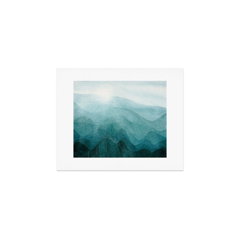 Sunrise in the mountains, dawn, teal, abstract watercolor Art Print Gallery Image 1