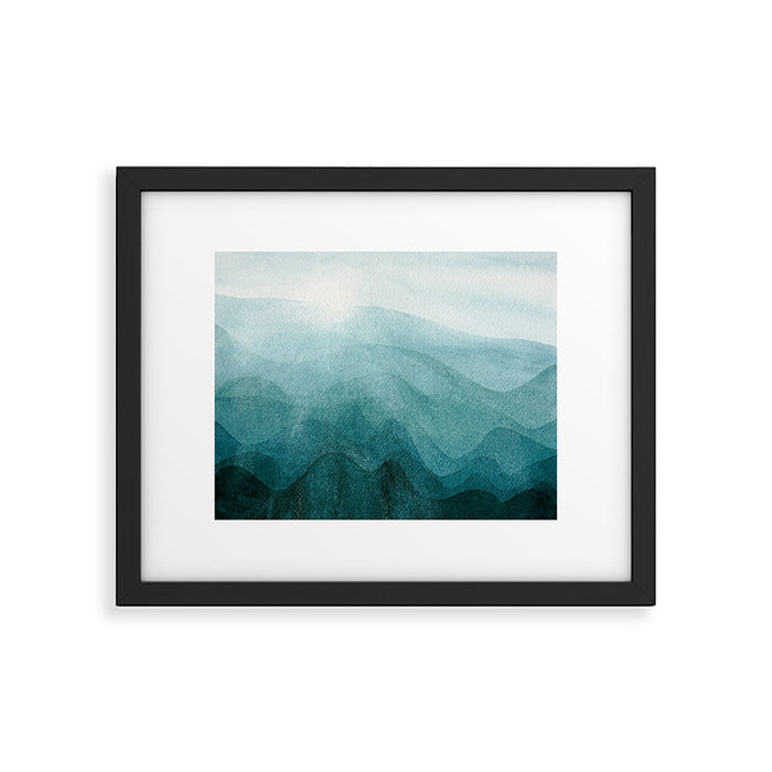 Sunrise in the mountains, dawn, teal, abstract watercolor Framed Art Print Gallery Image 1
