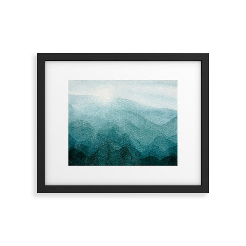 Sunrise in the mountains, dawn, teal, abstract watercolor Framed Art Print Gallery Image 5