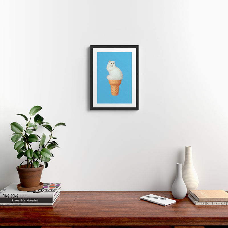 Cat Ice Cream - Blue Framed Art Print Gallery Image 2