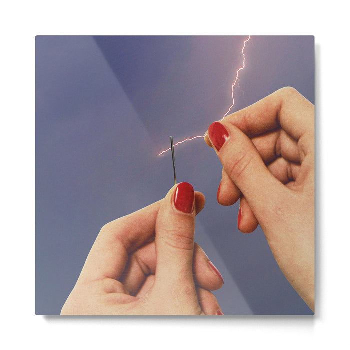 Elysian thread - Sewing hands/thunder & lighting Metal Print Gallery Image 1