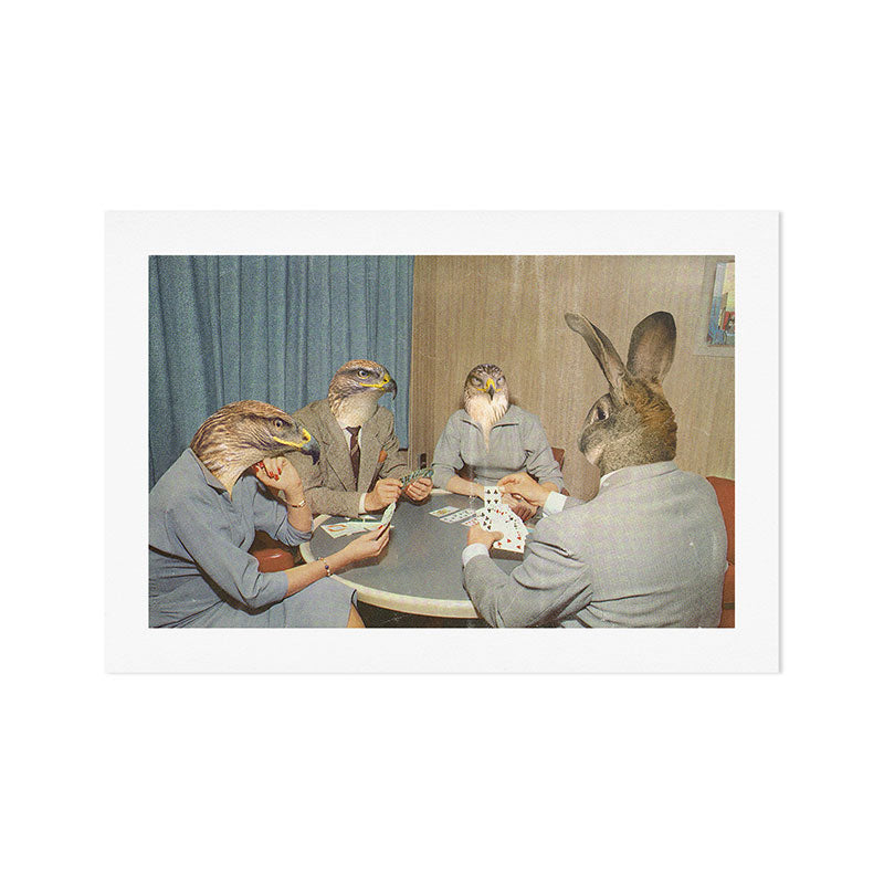 Too Late Mr. Hudson - Birds of prey playing poker with a rabbit in a casino Art Print Gallery Image 1