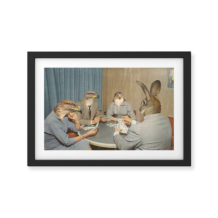 Too Late Mr. Hudson - Birds of prey playing poker with a rabbit in a casino Framed Art Print Gallery Image 1