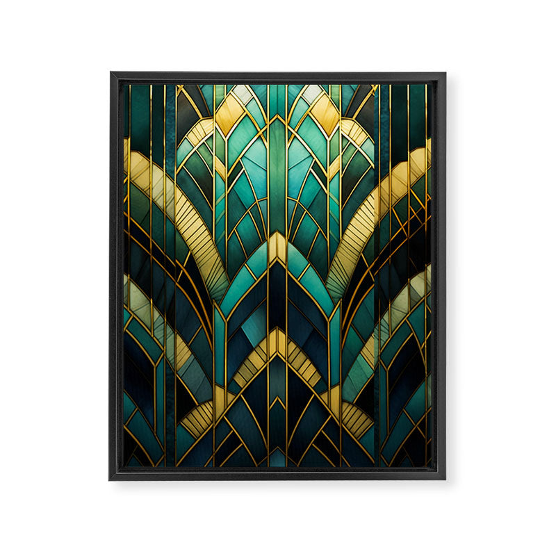 Gatsby Inspired Dark Green Gold Art Deco Pattern Framed Canvas Print
