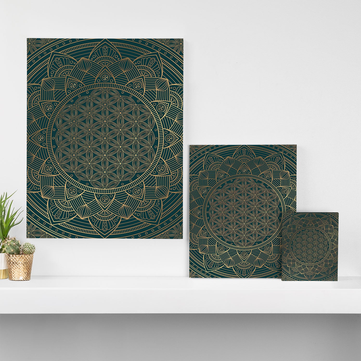 The Flower of Life Gold Mandala On Dark Green Canvas Print Gallery Image 3