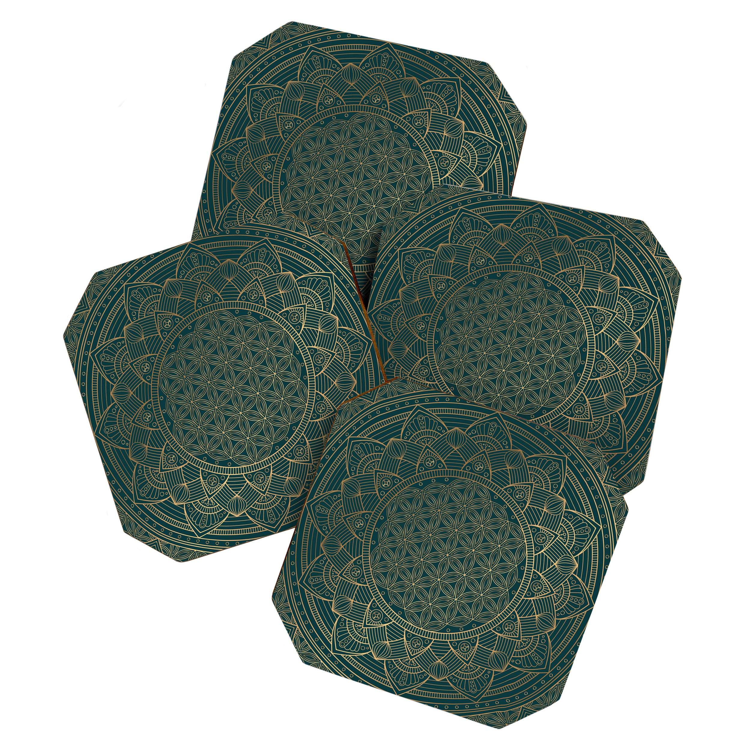 The Flower of Life Gold Mandala On Dark Green Coaster Gallery Image 1