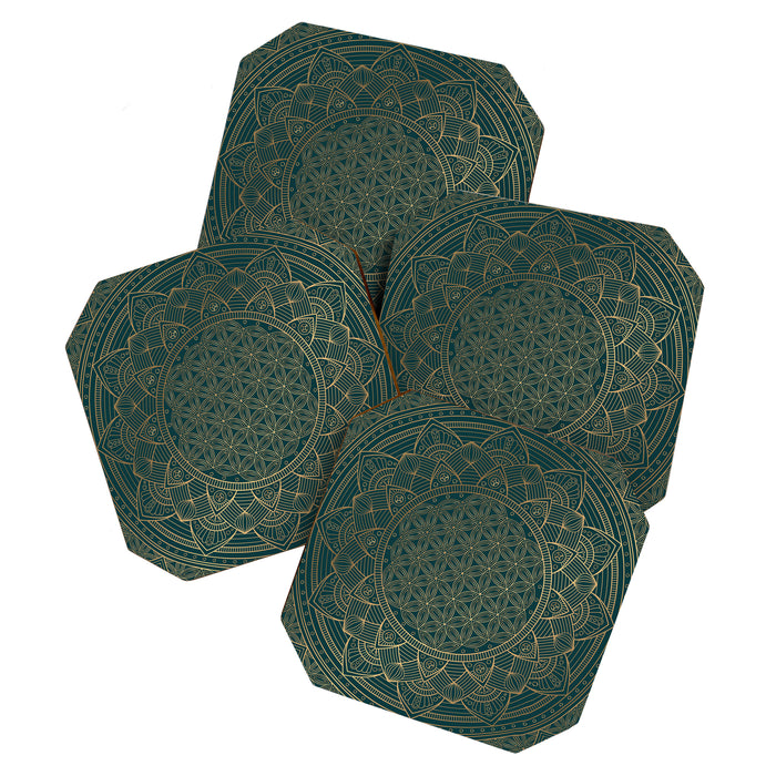 The Flower of Life Gold Mandala On Dark Green Coaster Gallery Image 1