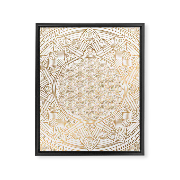 The Flower of Life Gold Mandala Pattern With White Shimmer Framed Canvas Print Gallery Image 1