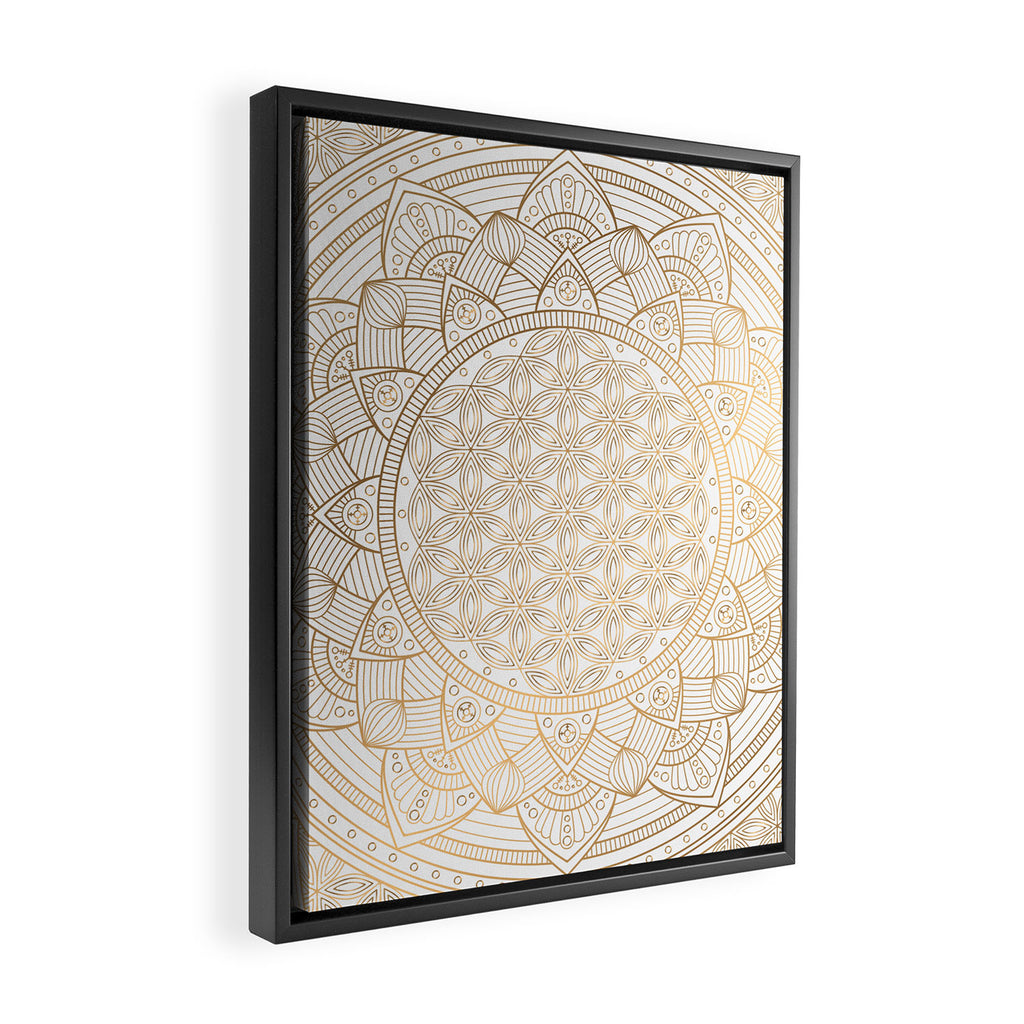The Flower of Life Gold Mandala Pattern With White Shimmer Framed Canvas Print Gallery Image 2
