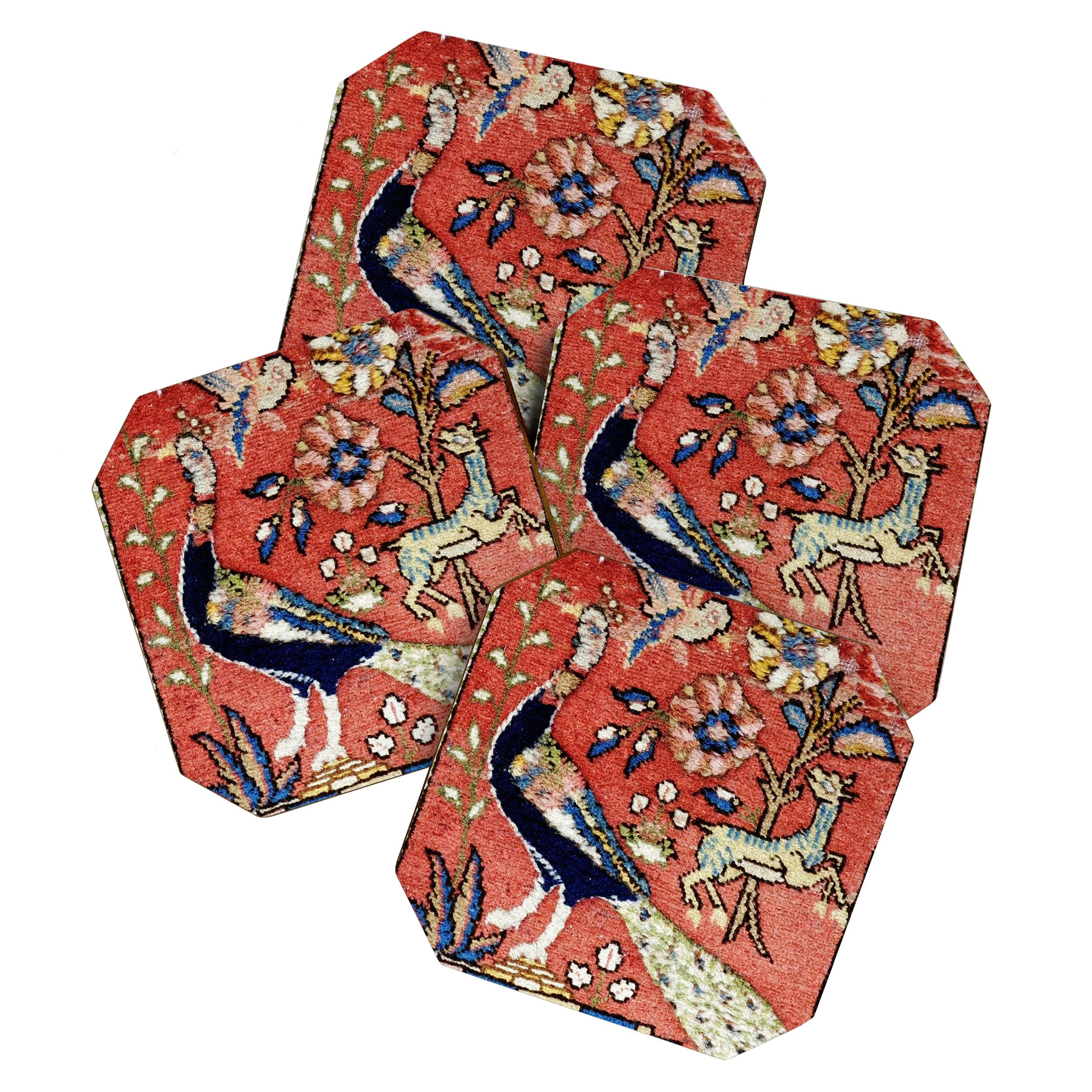 Antique Persian Rug Print with Peacock & Deer Coaster Gallery Image 1