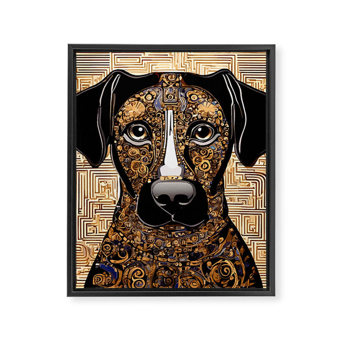 Black and Gold Klimt Dog with Geometric Pattern Framed Canvas Print Gallery Image 1