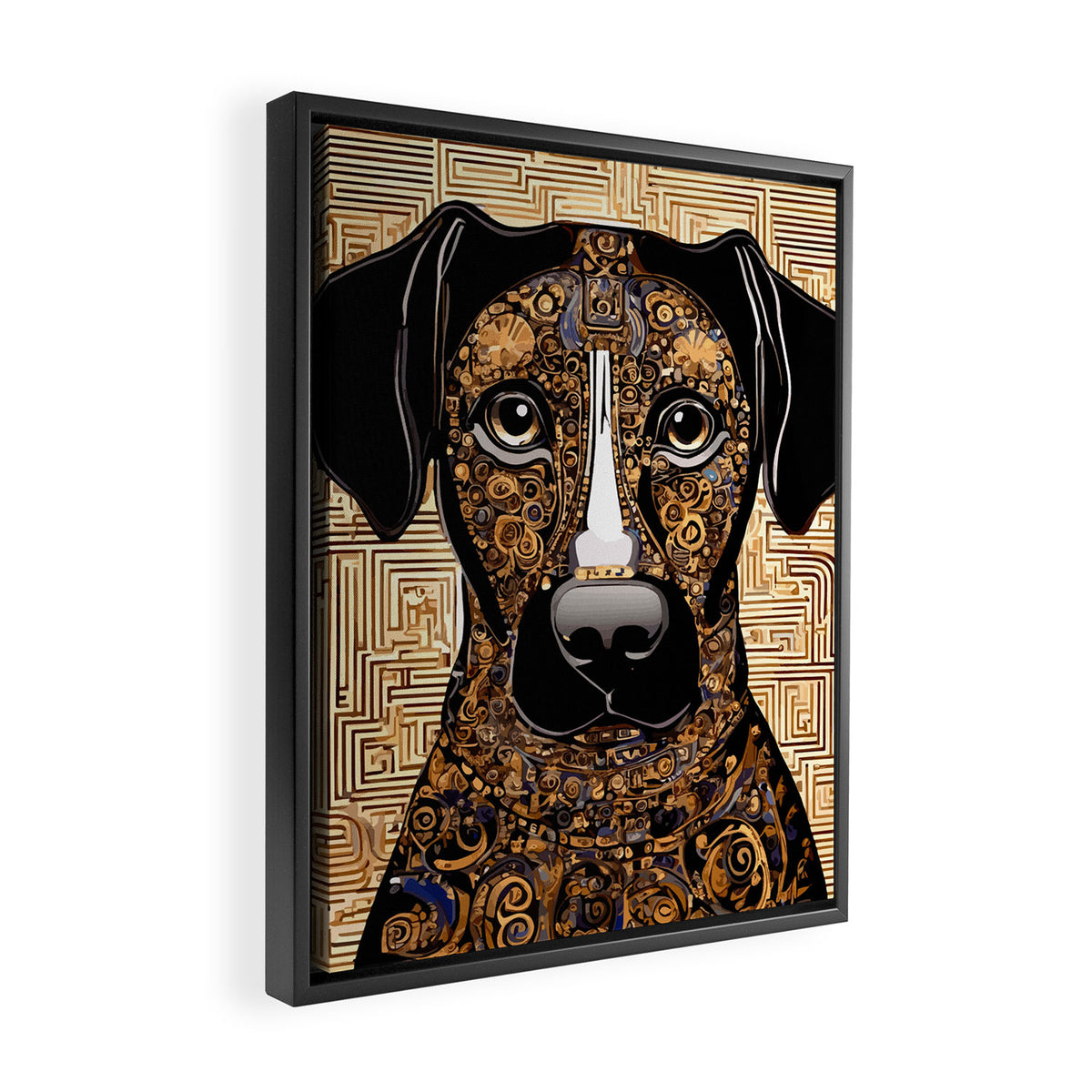 Black and Gold Klimt Dog with Geometric Pattern Framed Canvas Print Gallery Image 2