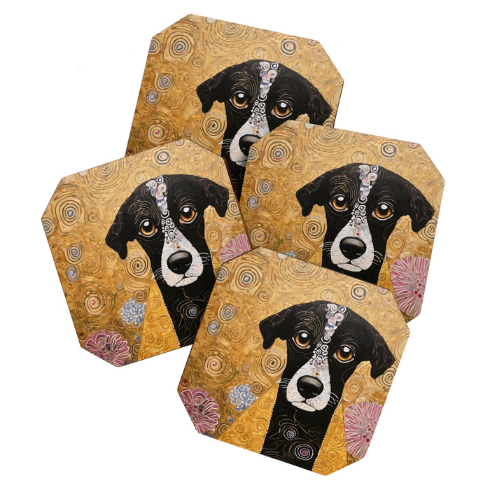 Black and White Klimt Dog with Floral Pattern Coaster Gallery Image 1