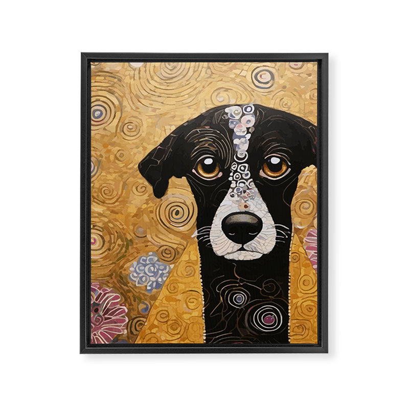 Black and White Klimt Dog with Floral Pattern Framed Canvas Print Gallery Image 8