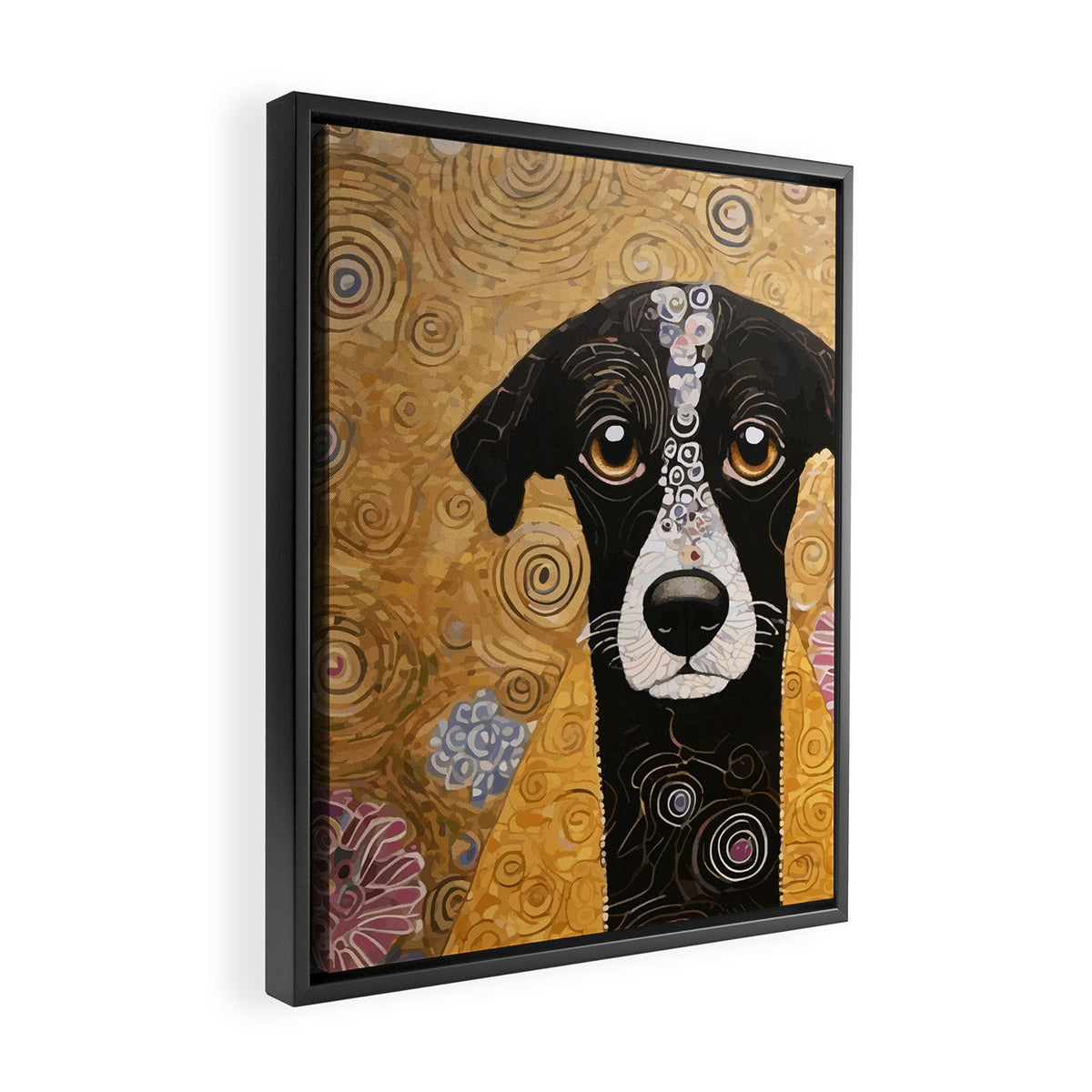 Black and White Klimt Dog with Floral Pattern Framed Canvas Print Gallery Image 2