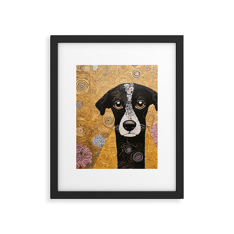 Black and White Klimt Dog with Floral Pattern Framed Art Print Gallery Image 6