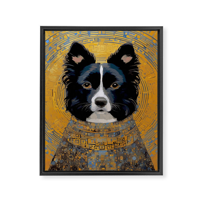Black and White Klimt Dog with Geometric Patterns Framed Canvas Print Gallery Image 3
