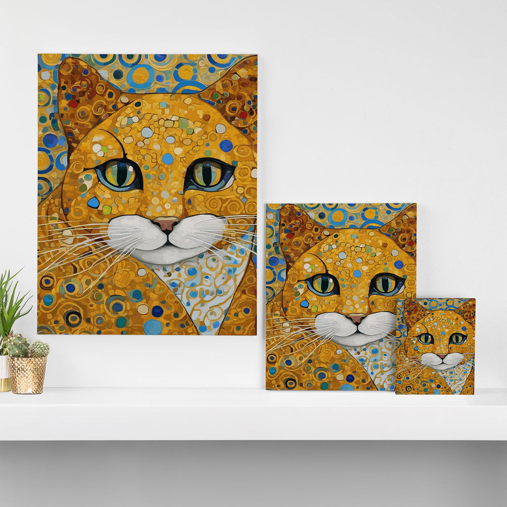 Blue and Gold Klimt Cat with Geometric Patterns Canvas Print Gallery Image 3