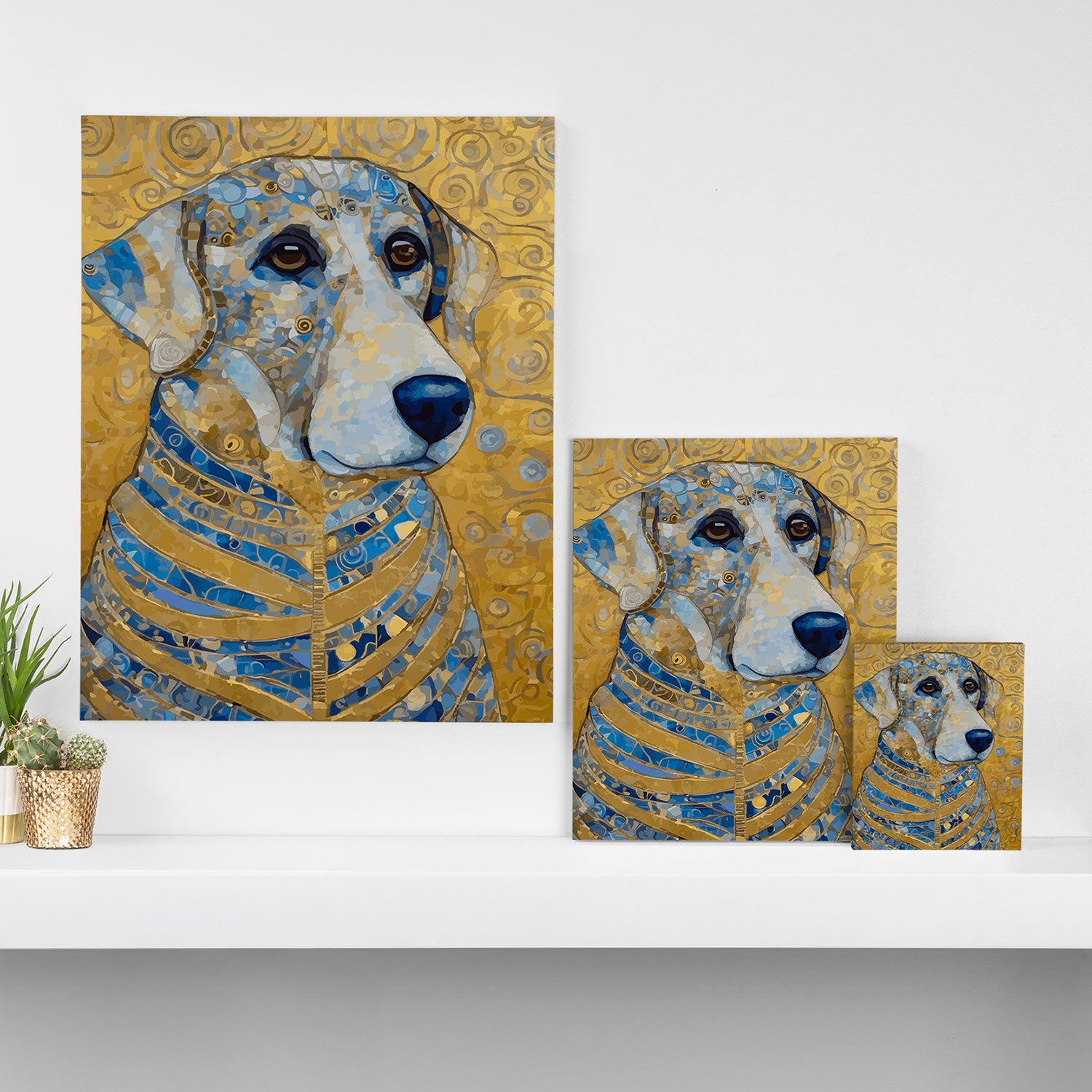 Blue and Gold Klimt Dog with Brown Eyes Canvas Print Gallery Image 3