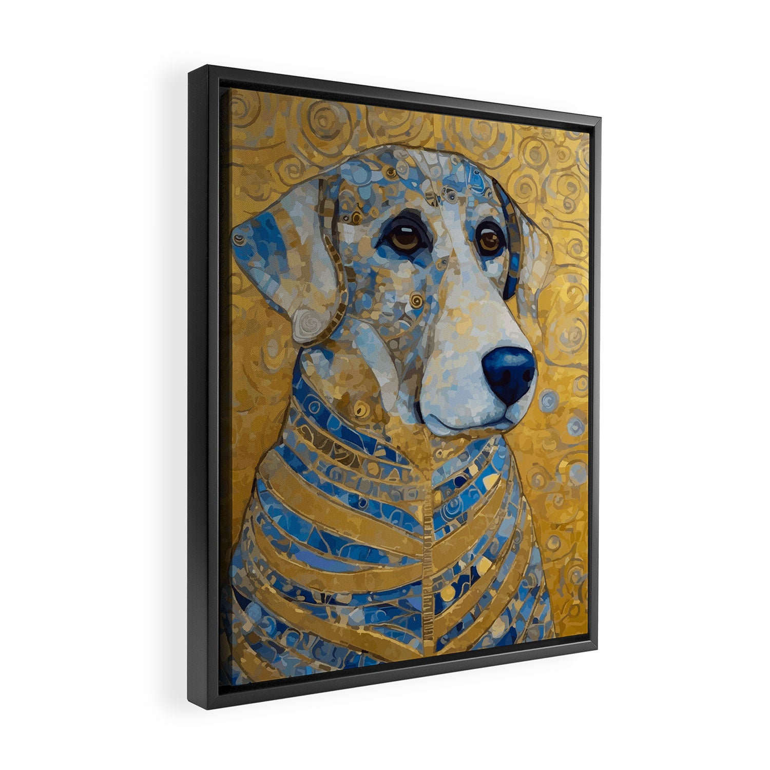 Blue and Gold Klimt Dog with Brown Eyes Framed Canvas Print Gallery Image 2