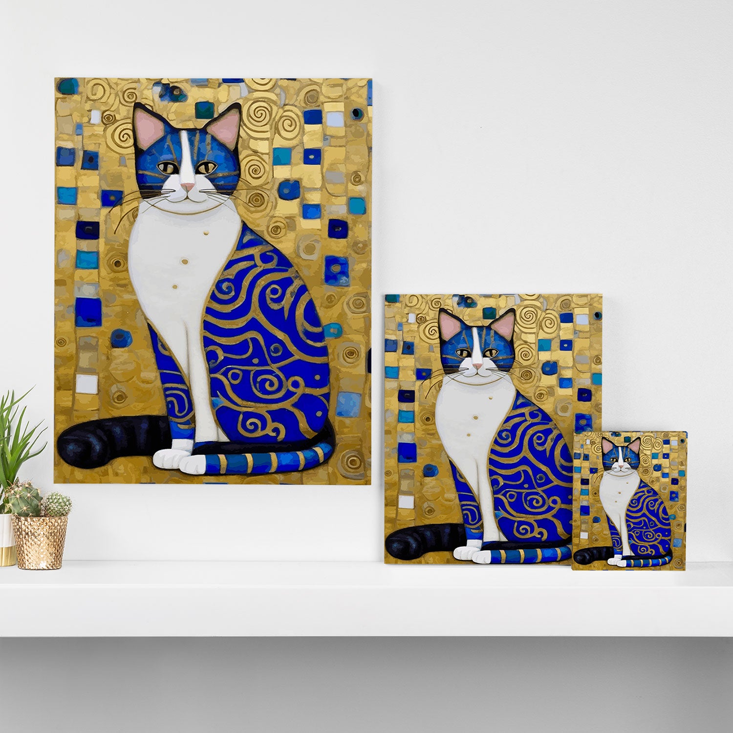 Blue and Gold Klimt Tabby Cat in Geometric Surroundings  Canvas Print Gallery Image 3