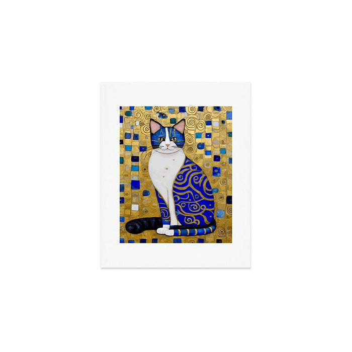 Blue and Gold Klimt Tabby Cat in Geometric Surroundings  Art Print Gallery Image 1