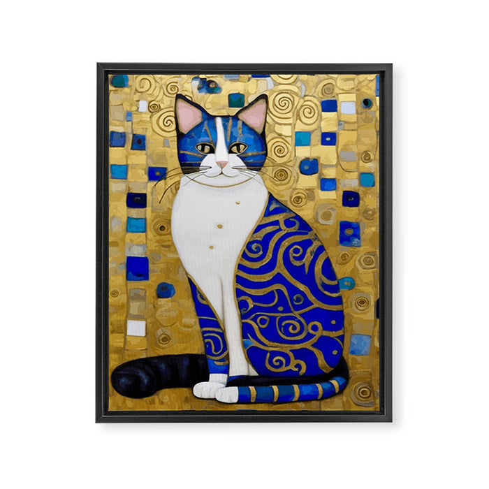 Blue and Gold Klimt Tabby Cat in Geometric Surroundings  Framed Canvas Print Gallery Image 1