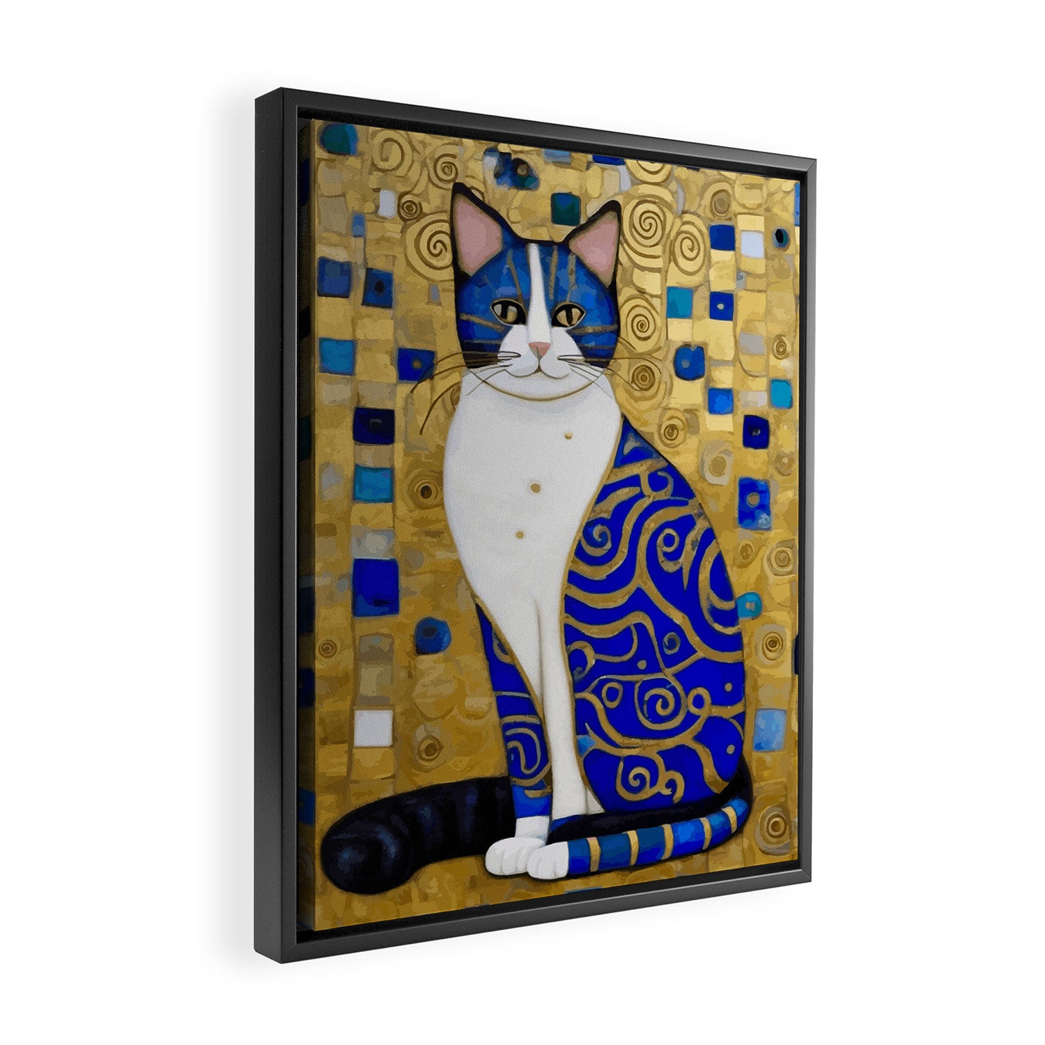 Blue and Gold Klimt Tabby Cat in Geometric Surroundings  Framed Canvas Print Gallery Image 2