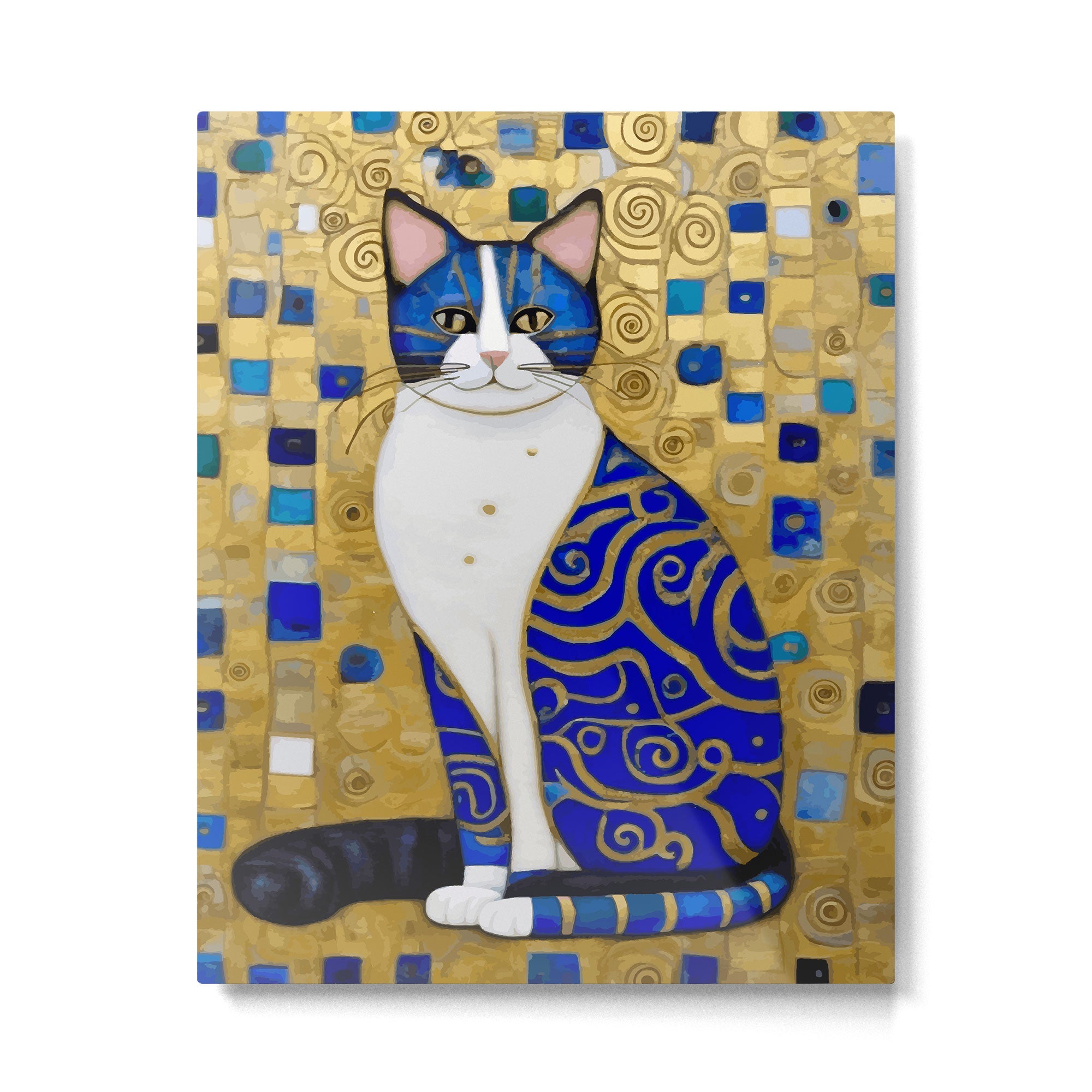 Blue and Gold Klimt Tabby Cat in Geometric Surroundings  Metal Print Gallery Image 6
