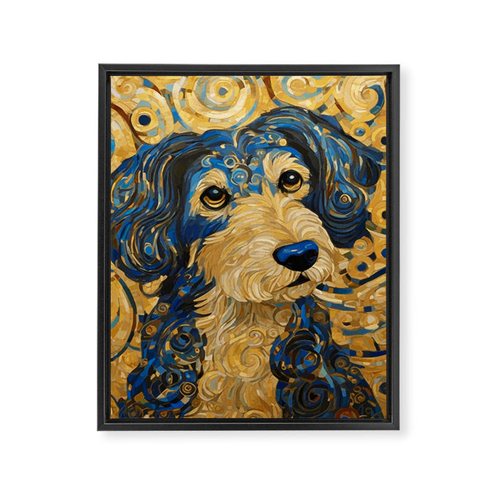 Cute Blue and Gold Klimt Dog Framed Canvas Print Gallery Image 1