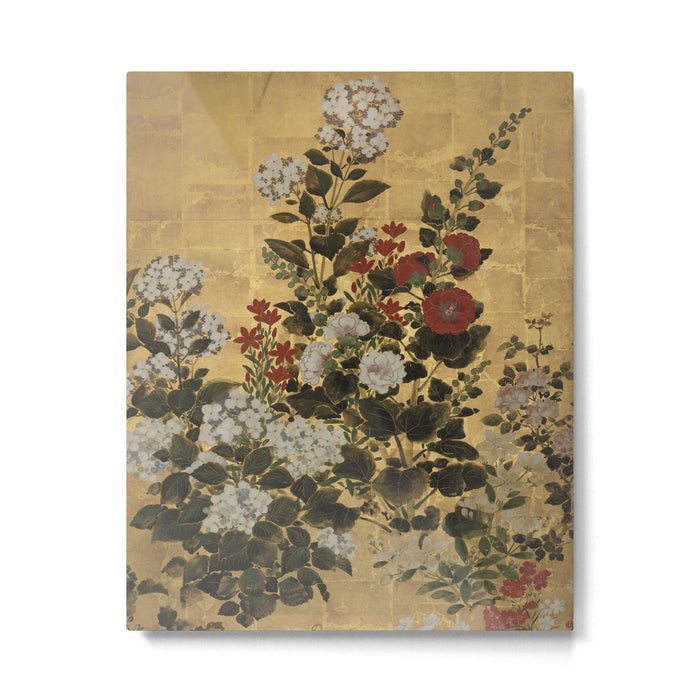 Flowers & Grapes Vintage Japanese Floral Gold Leaf Screen Metal Print Gallery Image 1