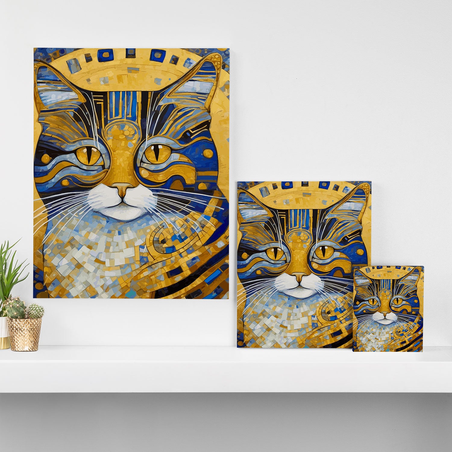 Geometric Blue and Gold Klimt Cat Canvas Print Gallery Image 3