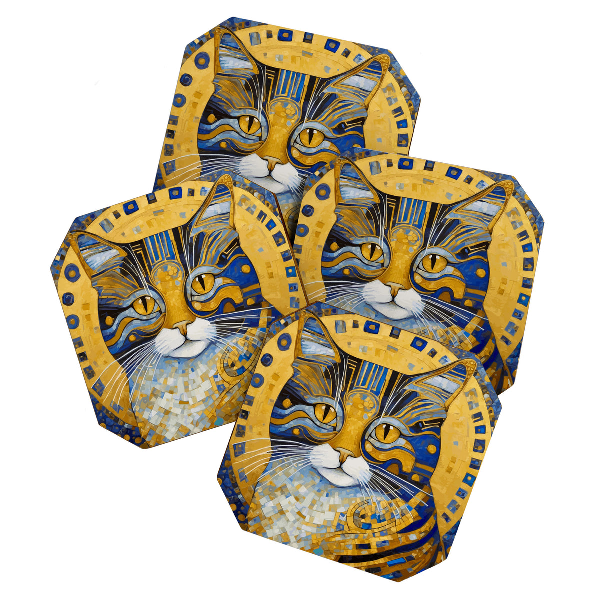 Geometric Blue and Gold Klimt Cat Coaster Gallery Image 1