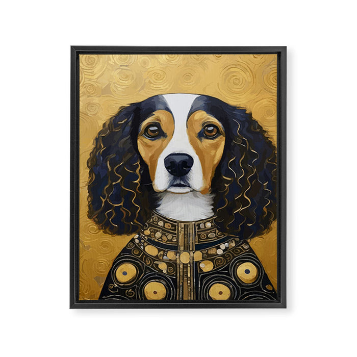 Gustav Klimt Style Beautiful Girl Dog with Black and Gold Jacket Framed Canvas Print Gallery Image 1