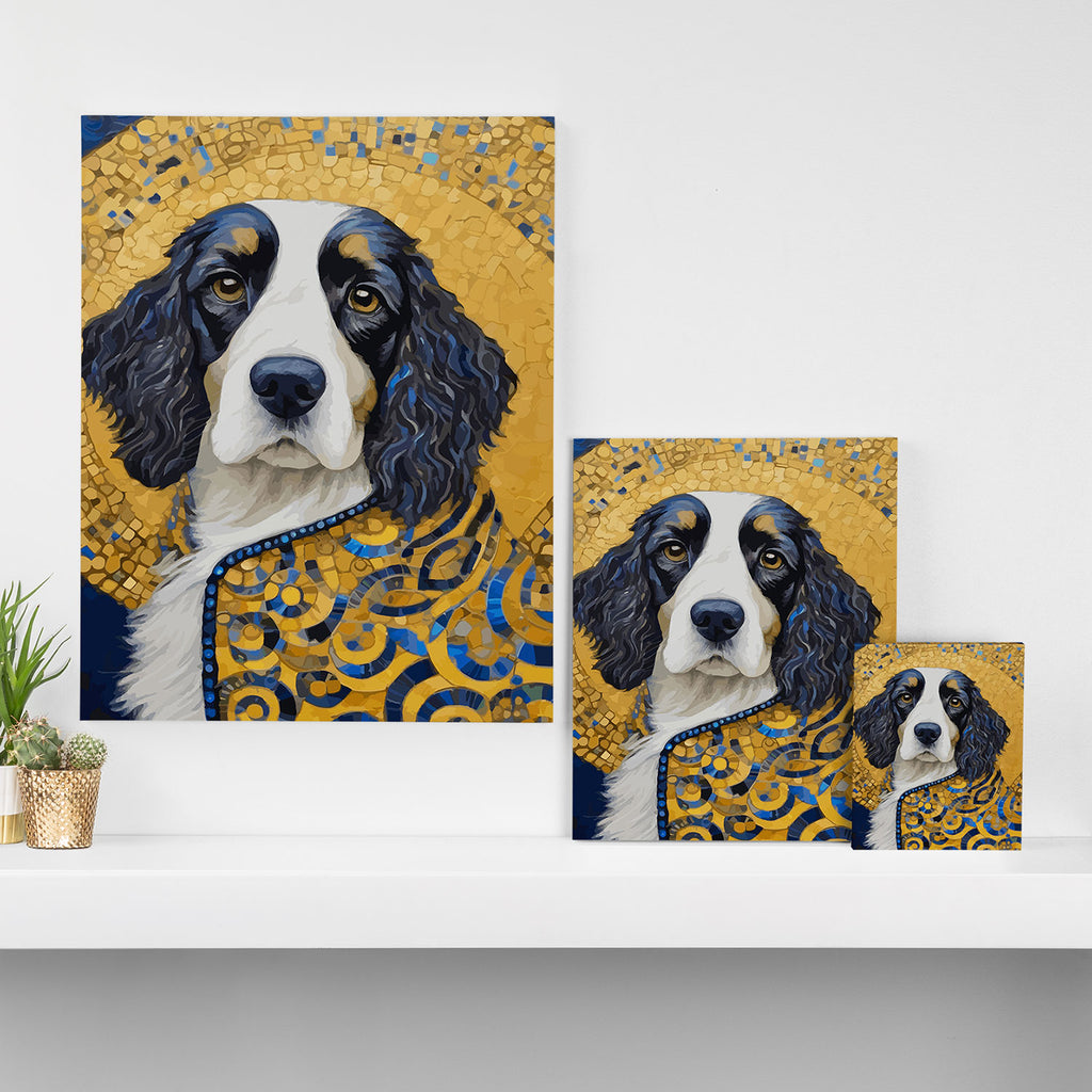 Gustav Klimt Style Black and White Dog with Colorful Jacket Canvas Print Gallery Image 3