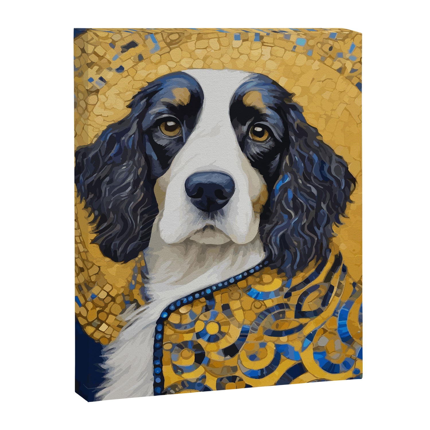 Gustav Klimt Style Black and White Dog with Colorful Jacket Canvas Print Gallery Image 3