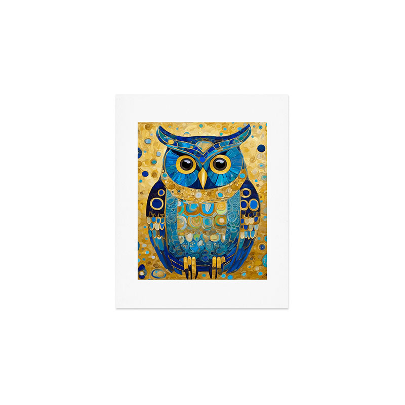 Gustav Klimt Style Blue and Gold Owl Art Print Gallery Image 1