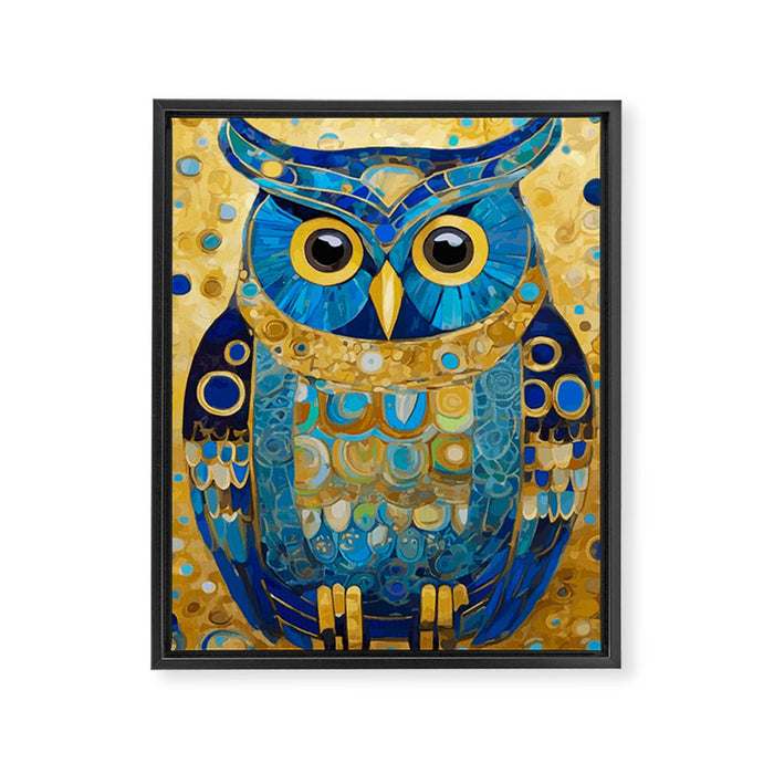Gustav Klimt Style Blue and Gold Owl Framed Canvas Print Gallery Image 1