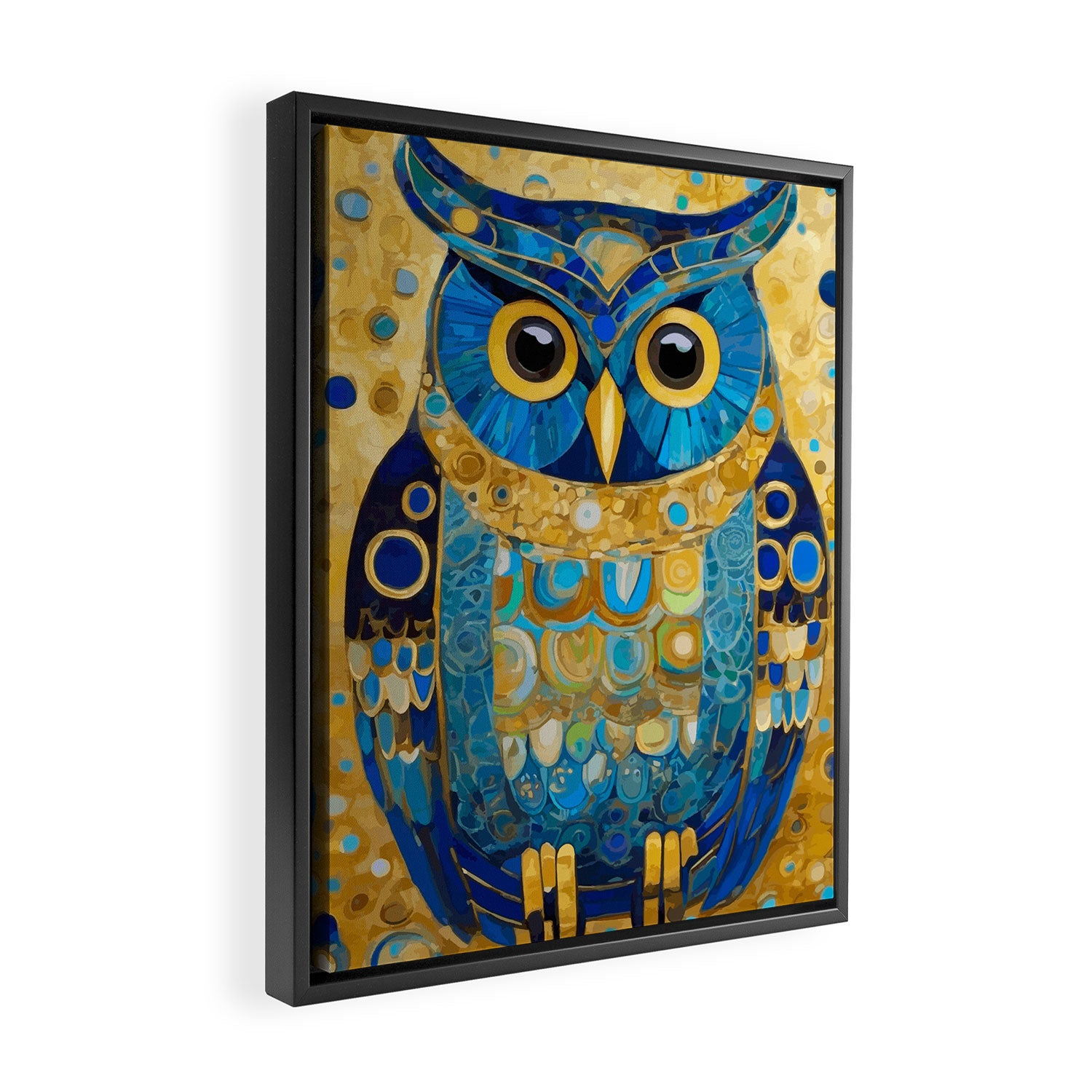 Gustav Klimt Style Blue and Gold Owl Framed Canvas Print Gallery Image 2