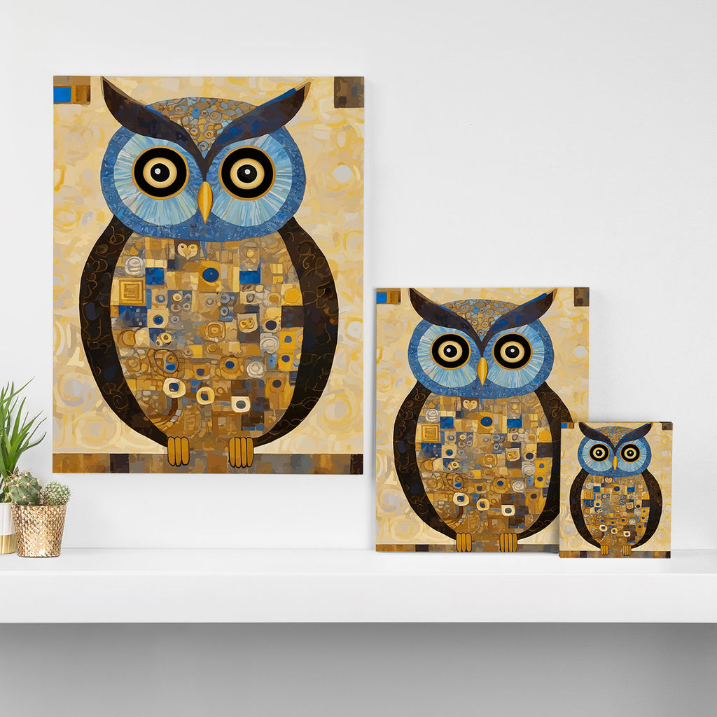 Gustav Klimt Style Blue and Gold Owl Canvas Print Gallery Image 3