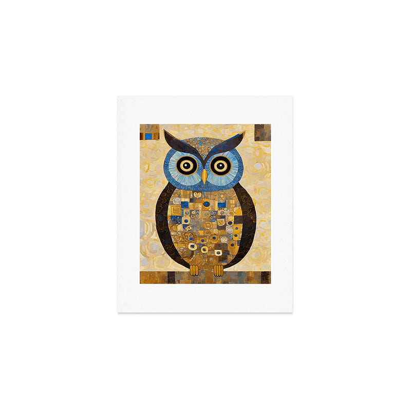 Gustav Klimt Style Blue and Gold Owl Art Print Gallery Image 1