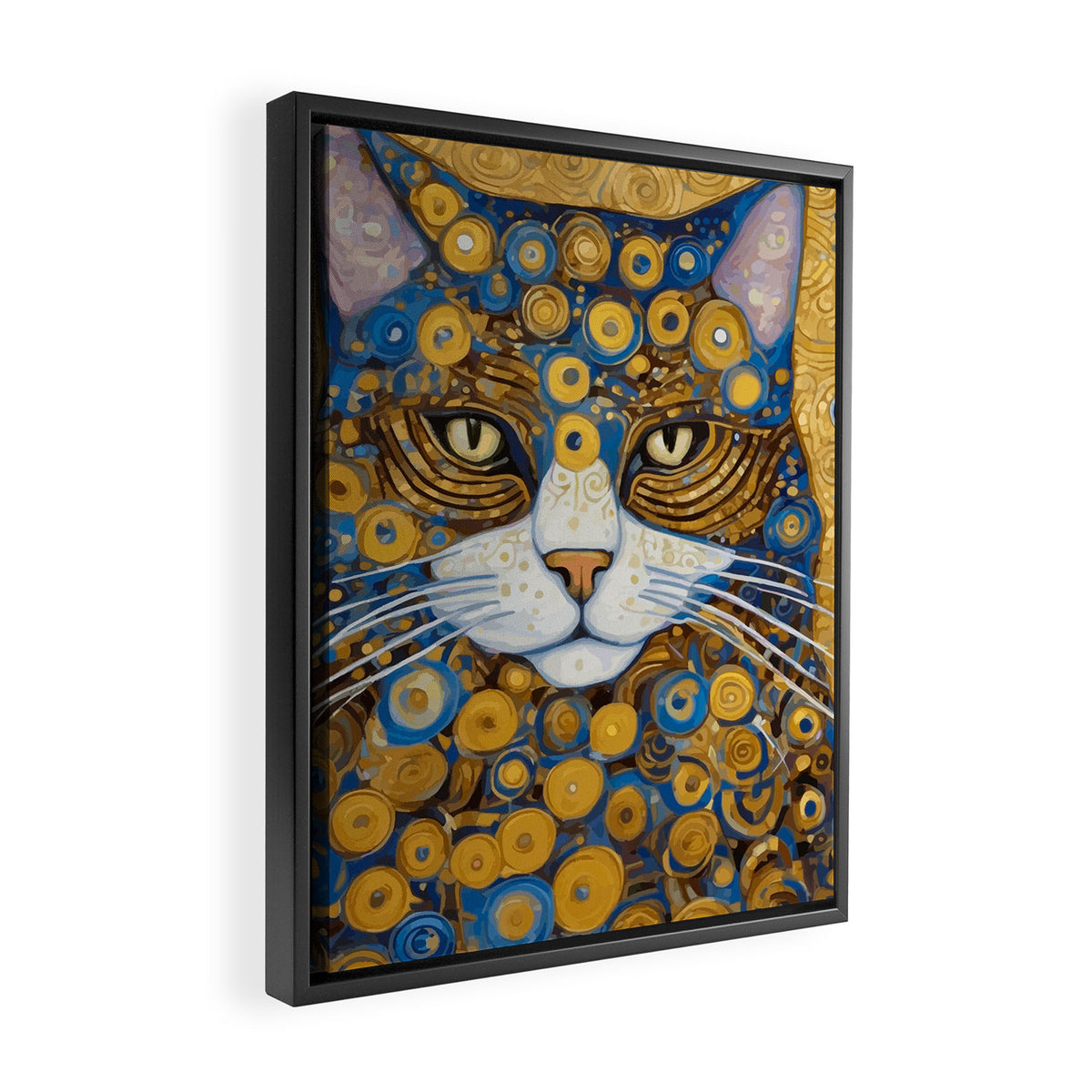 Gustav Klimt Style Cat with Blue and Gold Spots Framed Canvas Print Gallery Image 2