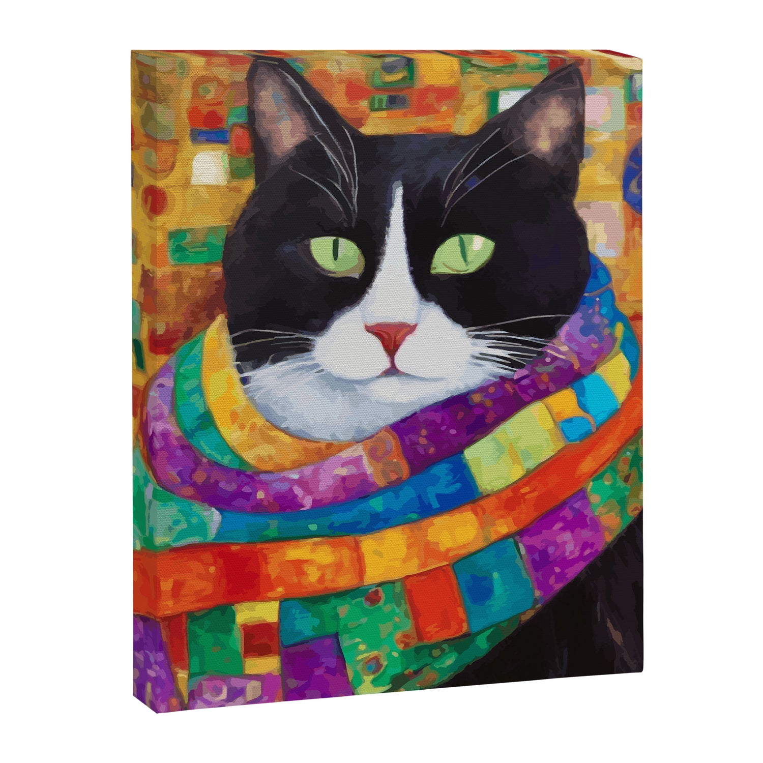 Gustav Klimt Style Cat with Green Eyes and a Colorful Scarf Canvas Print Gallery Image 3