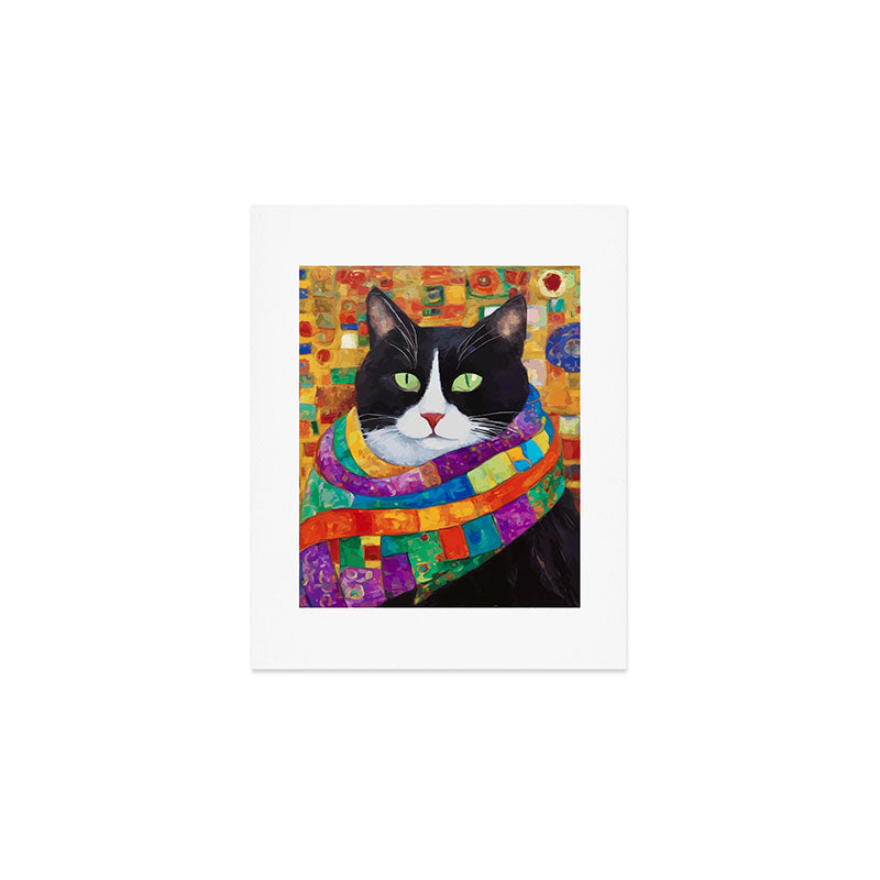 Gustav Klimt Style Cat with Green Eyes and a Colorful Scarf Art Print Gallery Image 1