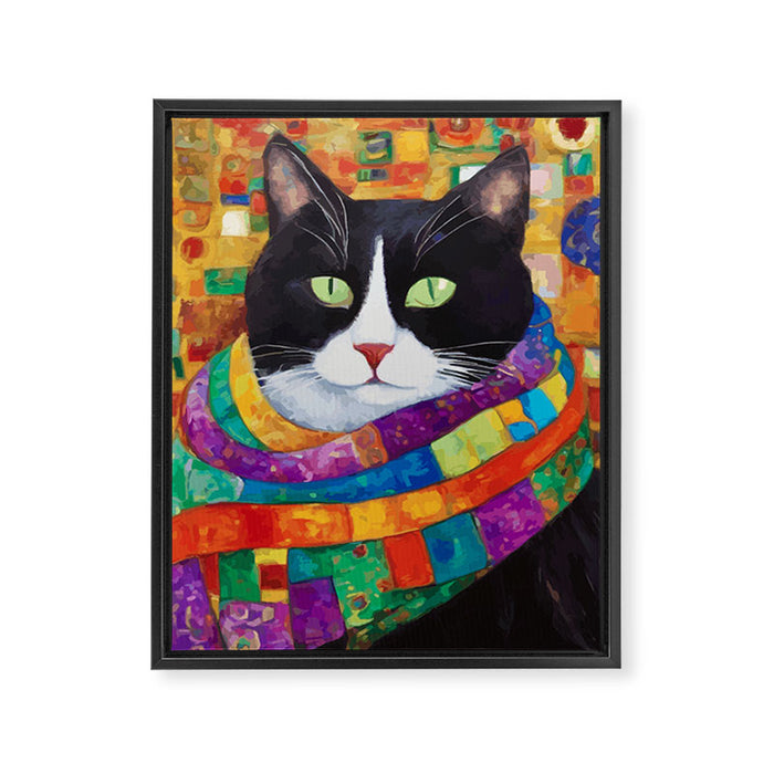 Gustav Klimt Style Cat with Green Eyes and a Colorful Scarf Framed Canvas Print Gallery Image 1