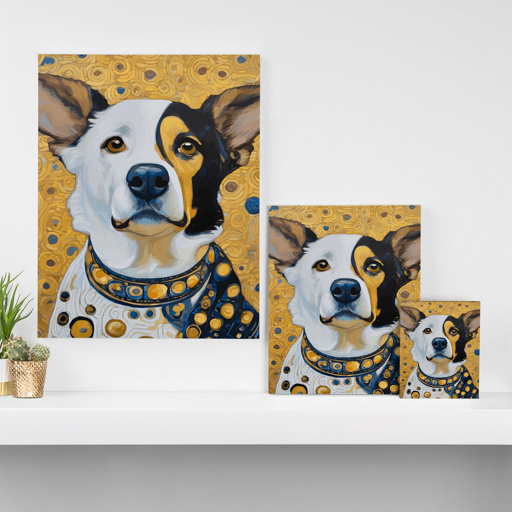 Gustav Klimt Style Dog Dressed in Blue White and Gold Canvas Print Gallery Image 3