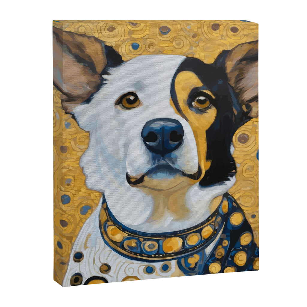 Gustav Klimt Style Dog Dressed in Blue White and Gold Canvas Print Gallery Image 3