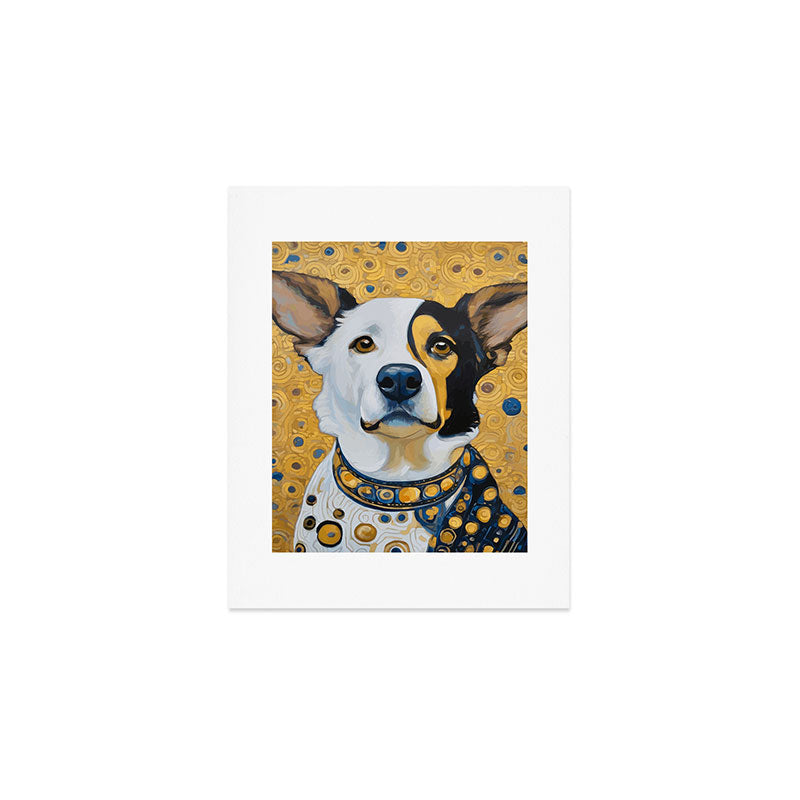Gustav Klimt Style Dog Dressed in Blue White and Gold Art Print Gallery Image 1