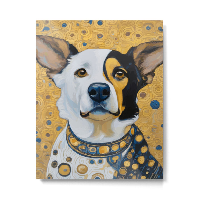 Gustav Klimt Style Dog Dressed in Blue White and Gold Metal Print Gallery Image 1