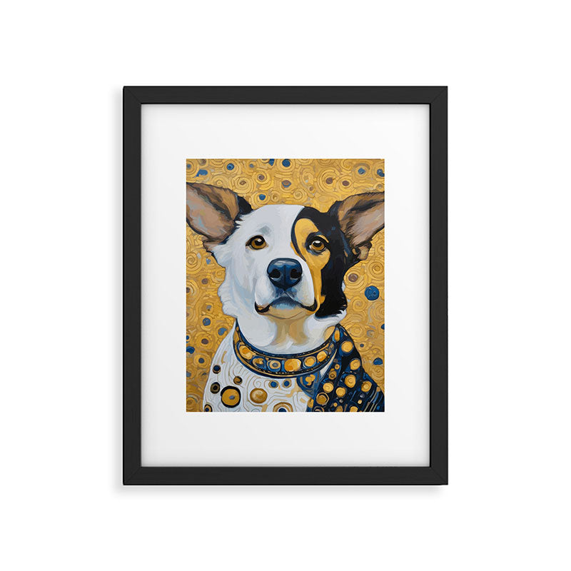 Gustav Klimt Style Dog Dressed in Blue White and Gold Framed Art Print Gallery Image 6